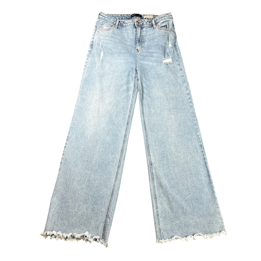 BCBGeneration High Rise Wide Leg Jeans Women 13/31 Light Wash Distressed Raw Hem